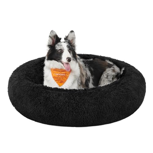 Feandrea Hundebett flauschig, Katzenbett, Donut Kissen, waschbar, Polsterung in der Mitte herausnehmbar, Langer Plüsch, 100 cm Durchmesser, tintenschwarz PGW042B01 von Feandrea