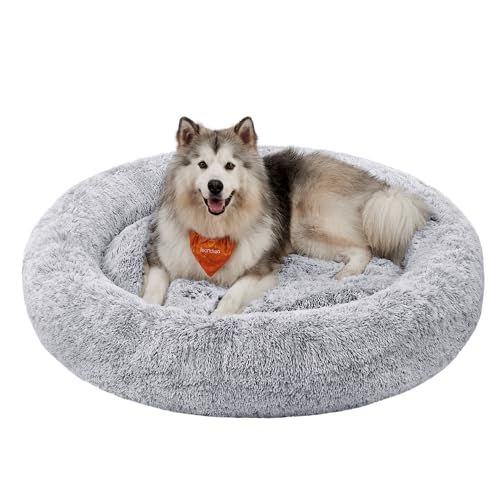 Feandrea Hundebett flauschig, Katzenbett, Donut Kissen, waschbar, Polsterung in der Mitte herausnehmbar, Langer Plüsch, 140 cm Durchmesser, Ombré-Grau PGW044G01 von Feandrea