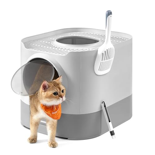 Feandrea Katzenklo, Katzentoilette XXL, mit Deckel, ausziehbares Tablett, Schaufel, Bürste, für Katzen verschiedener Größen, weniger Spuren, Taubengrau-hellgrau PPT002GD01 von Feandrea