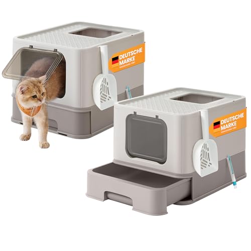 Feandrea Katzenklo 2er Set, Katzentoilette, mit Deckel, ausziehbares Tablett, Schaufel, Bürste, für Katzen bis 15 kg, weniger Spuren, auslaufsicherer Boden, haferflockenfarben-warmgrau PPT001G10 von Feandrea