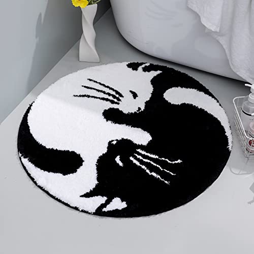 Feblilac Schwarz-weißer Katzen-Badezimmerteppich, Yin Yang runder Badteppich, niedliche schöne Tiere, Badezimmermatte, rutschfeste Matten für Innen- und Wohnzimmer, schnell trocknend von Feblilac