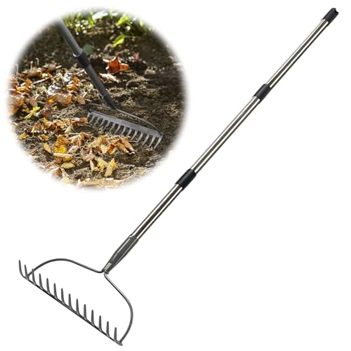 Gartenrechen, 1,8 m Bogenrechen für Rasen, strapazierfähig, Metallrechen mit verstellbarem langem Griff, 14 Zinkenkopf, Gartenwerkzeug zum Lösen von Boden, Sammeln von Blättern, Nivellierung von Mulch von Feblomst