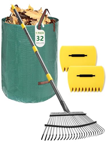 Rechen-Set für Laubrasen, 3-in-1-Gartenwerkzeug-Set mit 152 cm großem Metallrechen, Blattschaufeln, Handkrallen, 32 Gallonen wiederverwendbarer Gartenabfallsack, robuste Gartenrechen für einfaches Rechen-Set für Laubrasen, 3-in-1-Gartenwerkzeug-Set mit 152 cm großem Metallrechen, Blattschaufeln, Handkrallen, 32 Gallonen wiederverwendbarer Gartenabfallsack, robuste Gartenrechen für einfaches von Feblomst