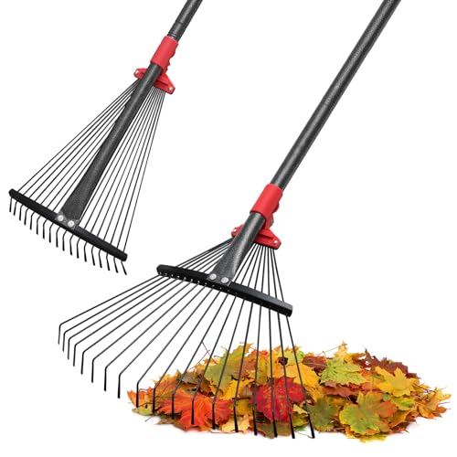 Rechen für Blätter, verstellbarer Garten-Laubbesen für Rasen, strapazierfähig, Metallrechen mit 18 verstopfungsfreien Zinken, 22,9 cm - 43,2 cm faltbarer Kopf, 1,8 m langer Griff, Hofwerkzeuge für von Feblomst