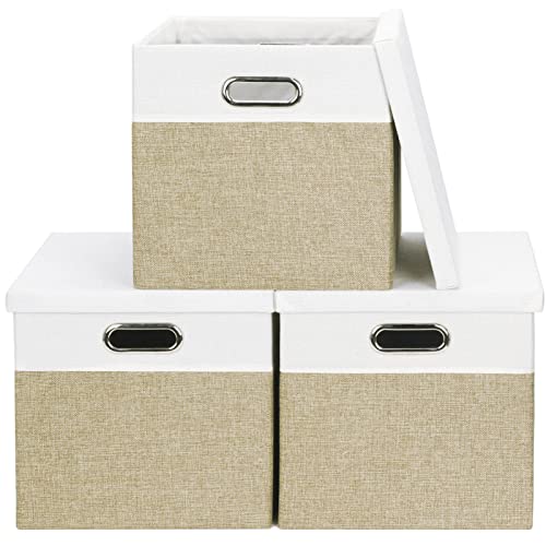 Febzoce Aufbewahrungsbox mit Deckel Faltbarer Stoff Aufbewahrungswürfel Korb Mülleimer Hellbraun/Weiß, Quadratisch, 28 x 28 x 28 cm, 3 Stück von Febzoce