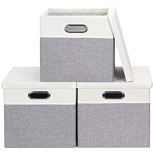 Febzoce Aufbewahrungsbox mit Deckel Faltbarer Stoff Aufbewahrungswürfel Korb Mülleimer Hellgrau/Weiß, Quadratisch, 28 x 28 x 28 cm, 3 Stück von Febzoce