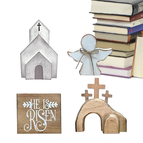 Fecfucy Ostern-Auferstehungsszene, Auferstehungsszenen-Set | 4 Stück christliche Leere Grabfiguren aus Holz | Religiöse Holzdekorationen für den Heimtisch, frühlingshafte christliche Heimfigur von Fecfucy