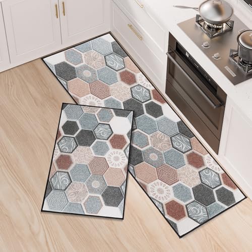 Fecialy Küche Matte Sets 2 Stück Küche Teppiche verdickt Silikon Backing Anti-Rutsch waschbar saugfähige Matten und Teppiche für Küche, Esszimmer, Eingang, 43x75CM+43x150CM von Fecialy