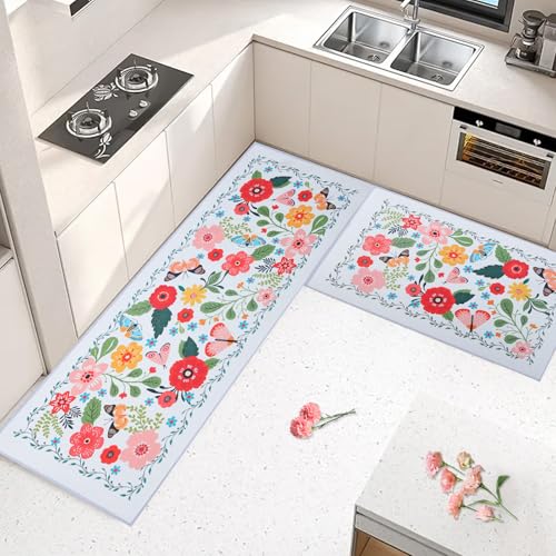 Fecialy Küchenmatten für den Boden 2PCS, Küchenteppiche rutschfest waschbar, gepolsterte Anti-Ermüdungs-Bodenmatten Teppiche Boho Floral Modern Farmhouse Bohemian Runner Rug Fecialy Küchenmatten für den Boden 2PCS, Küchenteppiche rutschfest waschbar, gepolsterte Anti-Ermüdungs-Bodenmatten Teppiche Boho Floral Modern Farmhouse Bohemian Runner Rug von Fecialy