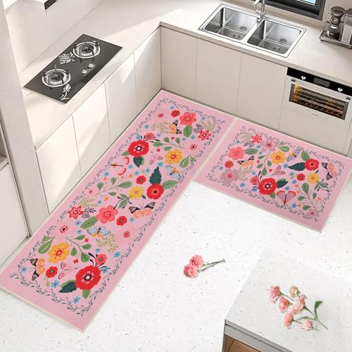 Fecialy Küchenmatten für den Boden 2PCS, Küchenteppiche rutschfest waschbar, gepolsterte Anti-Ermüdungs-Bodenmatten Teppiche Boho Floral Modern Farmhouse Bohemian Runner Rug von Fecialy