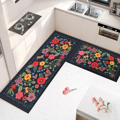Fecialy Küchenmatten für den Boden 2PCS, Küchenteppiche rutschfest waschbar, gepolsterte Anti-Ermüdungs-Bodenmatten Teppiche Boho Floral Modern Farmhouse Bohemian Runner Rug Fecialy Küchenmatten für den Boden 2PCS, Küchenteppiche rutschfest waschbar, gepolsterte Anti-Ermüdungs-Bodenmatten Teppiche Boho Floral Modern Farmhouse Bohemian Runner Rug von Fecialy