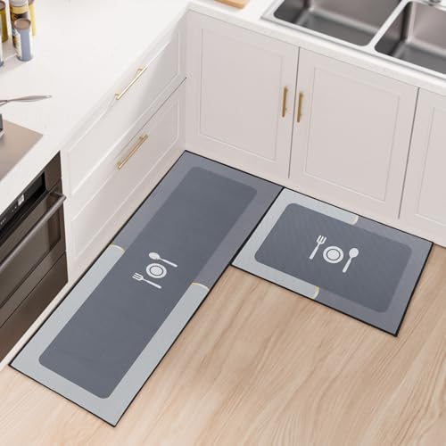 Fecialy Küchenteppich Set 2 Stück rutschfest und Anti-Ermüdungs-Küchenmatte, Verdickte Silikon-Bodenmatten Waschbare Matten und Teppiche für die Küche, 43x75cm + 43x120cm von Fecialy