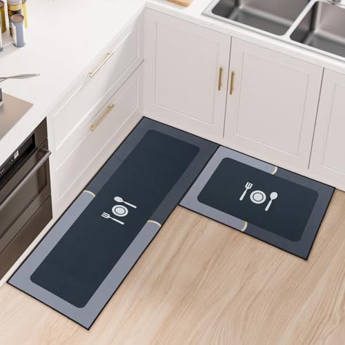 Fecialy Küchenteppich Set 2 Stück rutschfest und Anti-Ermüdungs-Küchenmatte, Verdickte Silikon-Bodenmatten Waschbare Matten und Teppiche für die Küche, 43x75cm + 43x120cm von Fecialy