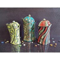 Set Aus 3 Gewellten Raku-Gläsern - Handgefertigte Keramikbehälter Für Die Küche, Anpassbar Und Auch Einzeln Erhältlich von FedericoBecchettiArt