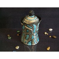 Türkises Und Silbernes Raku-Keramikglas, Gewürzglas, Küchenglas, Zuckerdose Aus Keramik, Kaffeedose von FedericoBecchettiArt