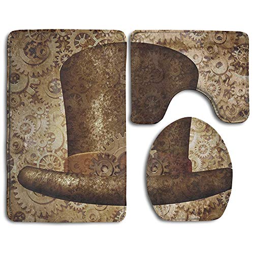 Steampunk Top Hat As A Science Fiction Concept aus Metall Kupfer Zahnräder und Zahnräder Bild Badematten-Set, 3-teilig, Rutschfeste Badezimmerteppich/Konturmatte/WC-Bezug Steampunk Top Hat As A Science Fiction Concept aus Metall Kupfer Zahnräder und Zahnräder Bild Badematten-Set, 3-teilig, Rutschfeste Badezimmerteppich/Konturmatte/WC-Bezug von Fedso
