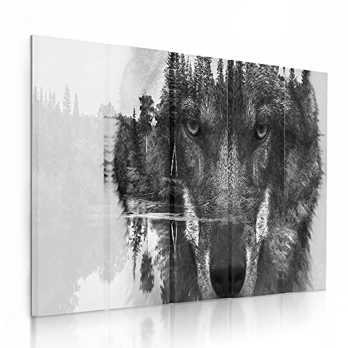 Feeby Frames, Leinwandbild Bilder Wand Bild - 5 Teile - Wandbilder Kunstdruck (Wolf SCHWARZ und WEIß) 100x200 cm, Typ C von Feeby Frames