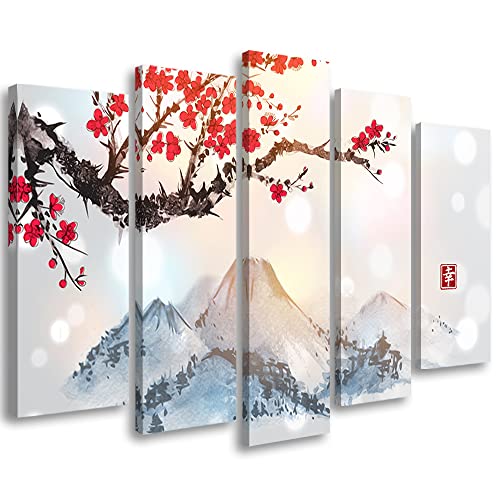 Feeby Bild auf Leinwand 150x100 cm Japan Blühender Kirschbaum Berge 5-teilig modern Druckbild Wandbild Wanddekoration Aesthetic Kanji Orientalisch Osten Asien Rosa von Feeby