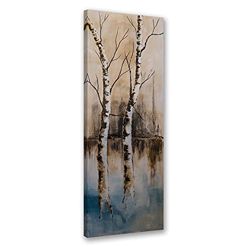 Feeby Bild auf Vlies Leinwand Birkenbäume 30x90 cm Kunstdruck Modern Wandbilder Deko Flur Wohnzimmer Teich See Beige von Feeby