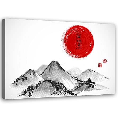 Feeby Vlies Leinwandbild Berge Japan Rote Sonne 90x60 cm Druckbild Wandbild Wanddekoration Deko Wand Aesthetic Osten Kanji Asien Orientalisch Rot von Feeby