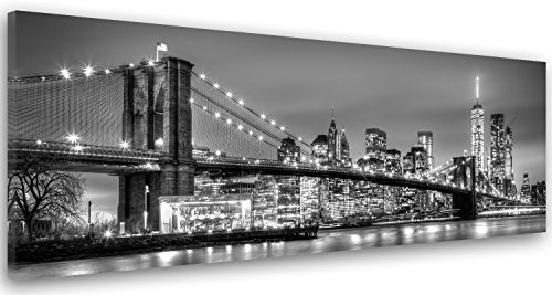 Feeby Vlies Leinwandbild Brooklyn-Brücke New York NYC USA 70x25 cm Wanddeko Design Kunstdruck Zimmerdeko Bilderwand Manhattan Bei Nacht Big Apple schwarz-weiß von Feeby
