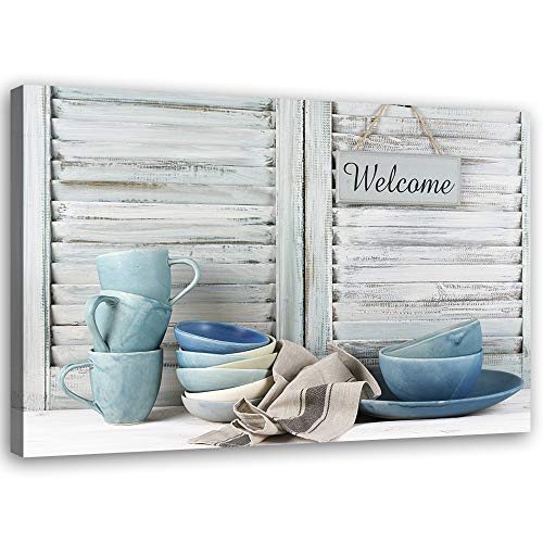 Feeby Vlies Leinwandbild Tassen Und Teller 120x80 cm Druckbild Wandbild Wanddekoration Deko Wand Aesthetic Rustikaler Stil Blau von Feeby