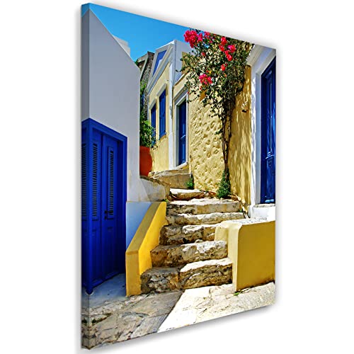 Feeby Vlies Leinwandbild Treppe Altes Mietshaus Enge Straße Santorini 40x60 cm Wanddeko Design Kunstdruck Zimmerdeko Bilderwand Bunt Blau Fenster Türen Griechenland Orange von Feeby