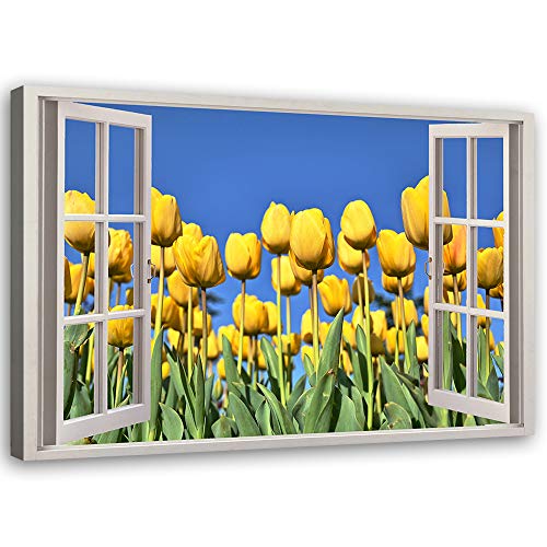 Feeby Wandbild Fenster-Illusion Druckbild Leinwandbild Tulpen Gelb 90x60 cm von Feeby