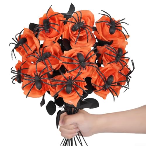 10 Stück Halloween künstliche Rosen mit Spinne, Gothic Seidenblumenstrauß für gruselige Party, Spukhaus und Heimdekoration (orange) von Feegow