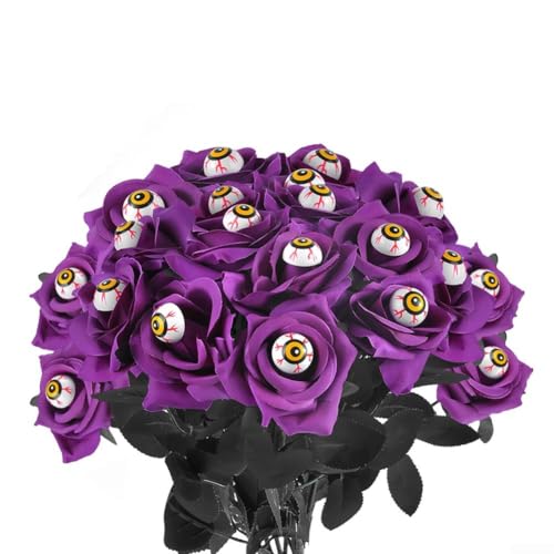 15 Stück Halloween künstliche schwarze Rosen mit Augapfel gruselige Gothic Party Dekoration 38 cm (lila Rose) von Feegow