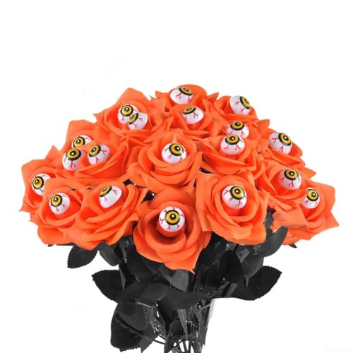 15 Stück künstliche schwarze Halloween-Rosen mit Augapfel gruselige Gothic-Party-Dekoration 38 cm (orangefarbene Rose) von Feegow