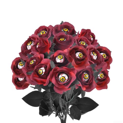 15 Stück künstliche schwarze Halloween-Rosen mit Augapfel gruselige Gothic-Party-Dekoration 38 cm (rote Rose) von Feegow