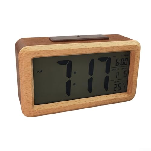Digitaler Wecker, Nachttischuhr aus Holz mit großem LCD-Display, Temperatur, Schlummerfunktion, Helligkeitssensor (B) von Feegow