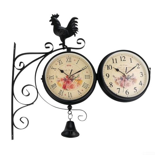 Feegow Doppelseitige Wanduhr | Retro Zifferblatt | Outdoor Gartenuhr | Vintage Leise Wanduhr 39 x 35 x 12 cm Schwarz von Feegow