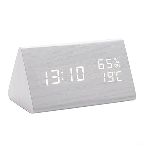 für Digitaler Wecker, Holz Digital Wecker Temperatur Und Luftfeuchtigkeit Uhr LED Holz Uhr Dreieckige Elektronische Uhr Led Holz Uhr- weiß von Feegow