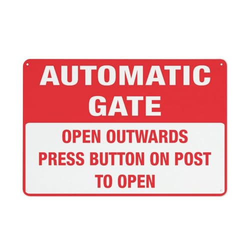 "Open Outwards Press Button On Post To Open", automatisches Torschild, 30,5 x 20,3 cm, Aluminium-Metall-Warnschild mit Symbol für den Innen- und Außenbereich von Feehiget