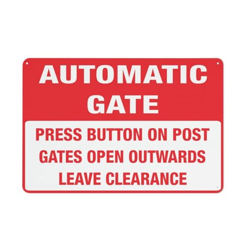 "Press Button On Post Gates Open Outwards Leave Clearance", automatisches Torschild, 20,3 x 30,5 cm, rostfreies Aluminium, wetterbeständig, wasserdicht, einfach zu montieren von Feehiget