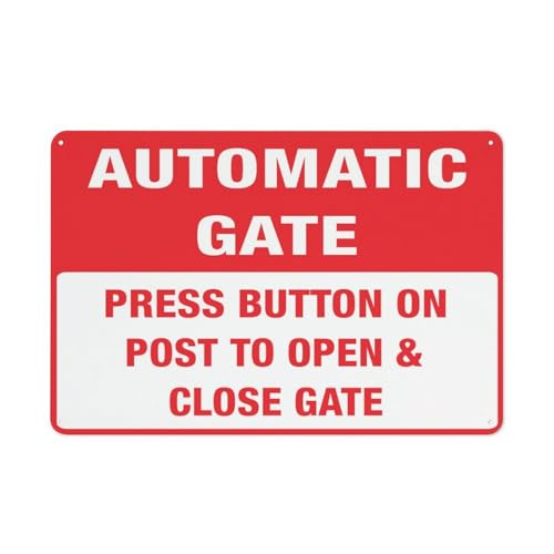 Warnschild "Automatic Gate Press Button On Post To Open & Close", 30,5 x 20,3 cm, Aluminium-Metall-Warnschild mit Symbol für den Innen- und Außenbereich von Feehiget
