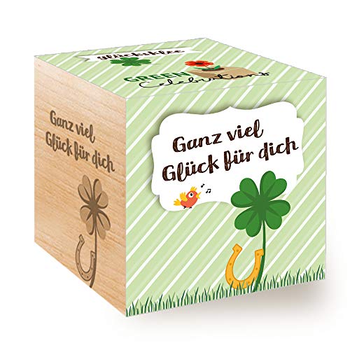 Feel Green 296688 Celebrations Ecocube, Glücksklee, Holzwürfel Mit Lasergravur «Ganz Viel Glück Für Dich», Nachhaltige Geschenkidee, Anzuchtset, Made in Austria, natural von Feel Green