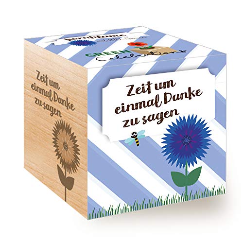 Feel Green 296695 Celebrations Ecocube, Kornblume Bio Samen, Holzwürfel Mit Lasergravur «Zeit Um Einmal Danke Zu Sagen», Nachhaltige Geschenkidee, Anzuchtset, Made in Austria von Feel Green - WE CREATE NATURE