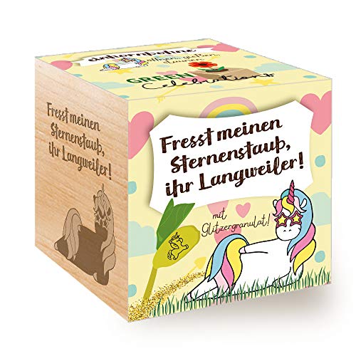 Grow Your Own Einhornbohne, Holzwürfel Mit Lasergravur «Fresst Meinen Sternenstaub, Ihr Langweiler», Nachhaltige Geschenkidee, Anzuchtset, Ecocube, Made in Austria von Feel Green