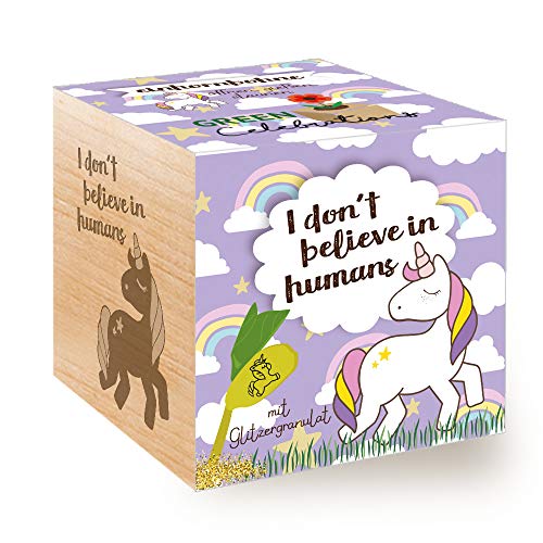 Feel Green - WE CREATE NATURE Grow Your Own Einhornbohne, Holzwürfel Mit Lasergravur «I Don't Believe in Humans», Nachhaltige Geschenkidee, Anzuchtset, Ecocube, Made in Austria von Feel Green - WE CREATE NATURE