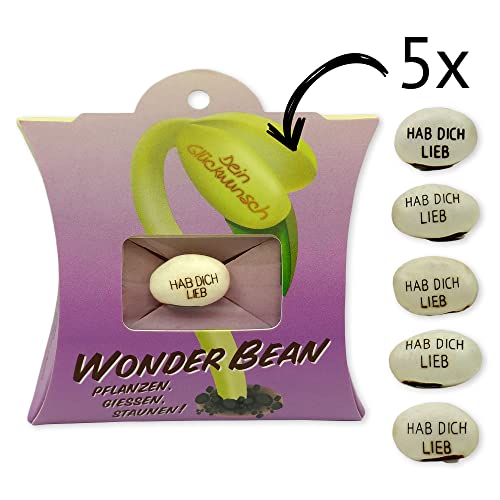 Feel Green Wonder Bean (5 Stk), Hab dich lieb, Bohne Mit Eingravierter Glücksbotschaft, Made in Austria, Nachhaltige Geschenkidee, Pflanzen-Gießen-Staunen von Feel Green