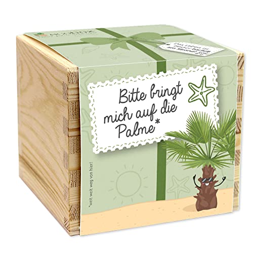 Feel Green - WE CREATE NATURE ecobox, Bitte bringt Mich auf die Palme, Pflanzen Aus Der Holzbox 11x11x10cm, Made in Austria, Nachhaltige Geschenkidee, Grow Your Own/Anzuchtset von Feel Green - WE CREATE NATURE