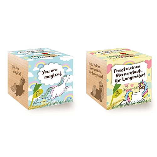 Grow Your Own Einhornbohne, Holzwürfel Mit Lasergravur «You Are Magical», Nachhaltige Geschenkidee, Anzuchtset, Ecocube & Grow Your Own Einhornbohne «Fresst Meinen Sternenstaub, Ihr Langweiler» von Feel Green