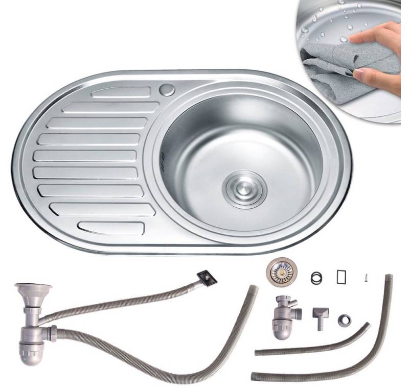 Feel2Home Edelstahlspüle 77cm Edelstahlspüle Rundbecken Einbauspüle Spüle + Ablage Küchenspüle, Rund, 77/50 cm, Anti-Kondensbeschichtung, Anti-Kondensbeschichtung von Feel2Home