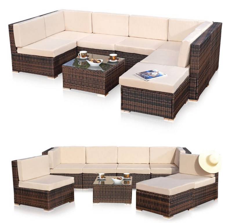 Feel2Home Garten-Essgruppe Gartensitzgruppe Terrassenmöbel Polyrattan Lounge versch. Farben, (8-tlg., 1x Mehrteiliger Sofa 1x Ottomane 1x Tisch), Kissen inkl. Reißverschluss, daher abnehm- und waschbar von Feel2Home