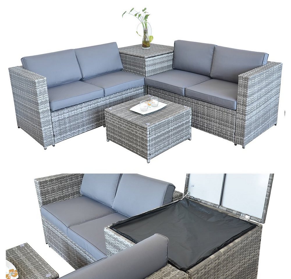 Feel2Home Garten-Essgruppe PolyRattan Sitzgruppe mit Auflagenbox in Schwarz, Grau oder Braun XXL, (2-tlg), Sicherheitsglasplatte von Feel2Home