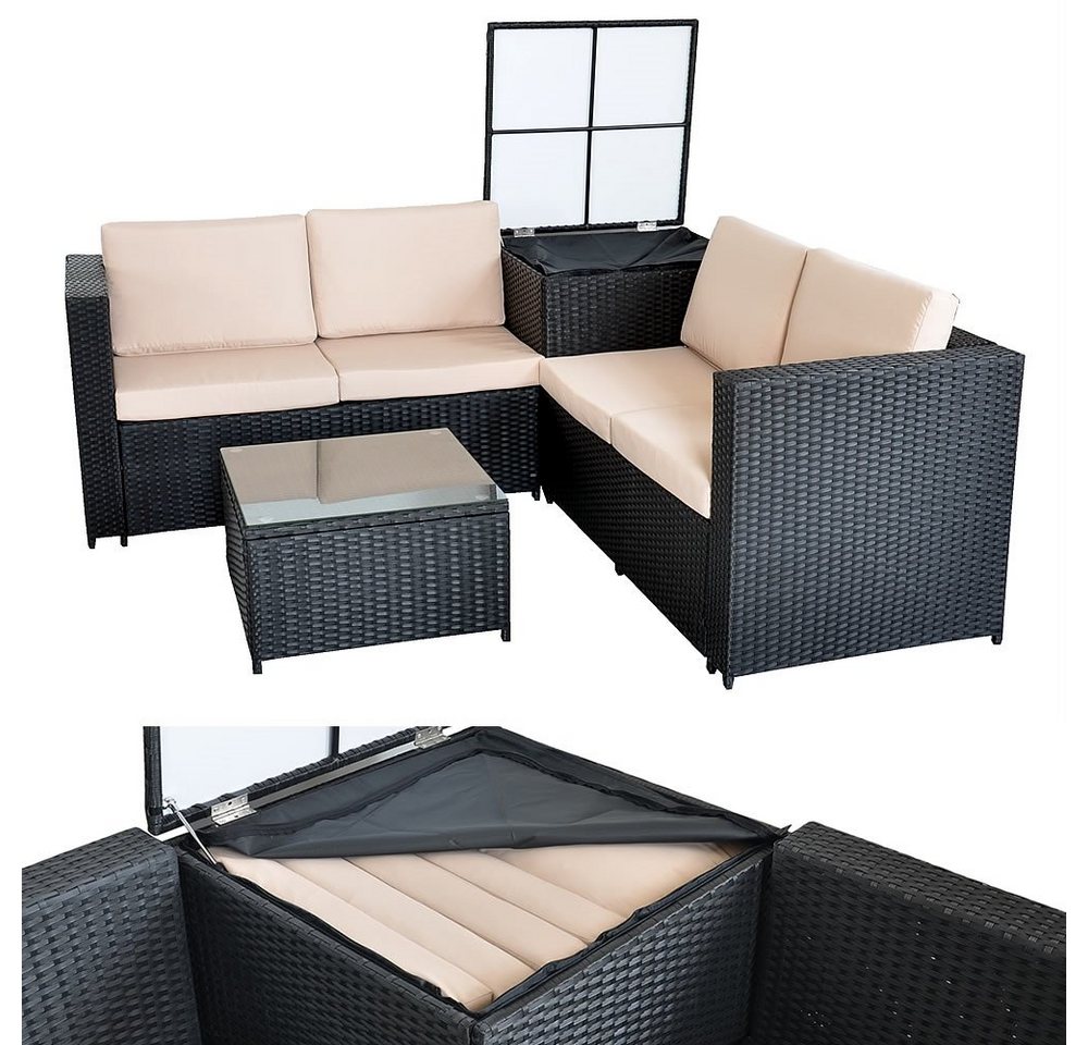 Feel2Home Garten-Essgruppe PolyRattan Sitzgruppe mit Auflagenbox in Schwarz, Grau oder Braun XXL, (2-tlg), Sicherheitsglasplatte von Feel2Home