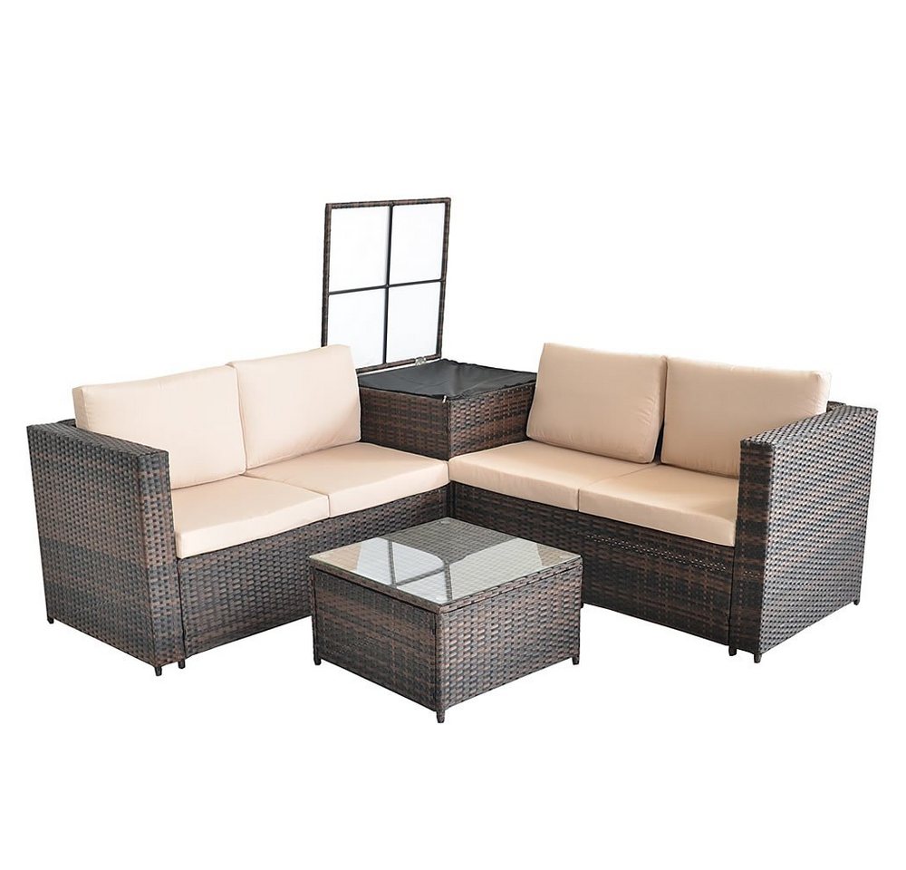 Feel2Home Garten-Essgruppe PolyRattan Sitzgruppe mit Auflagenbox in Schwarz, Grau oder Braun XXL, (2-tlg), Sicherheitsglasplatte von Feel2Home
